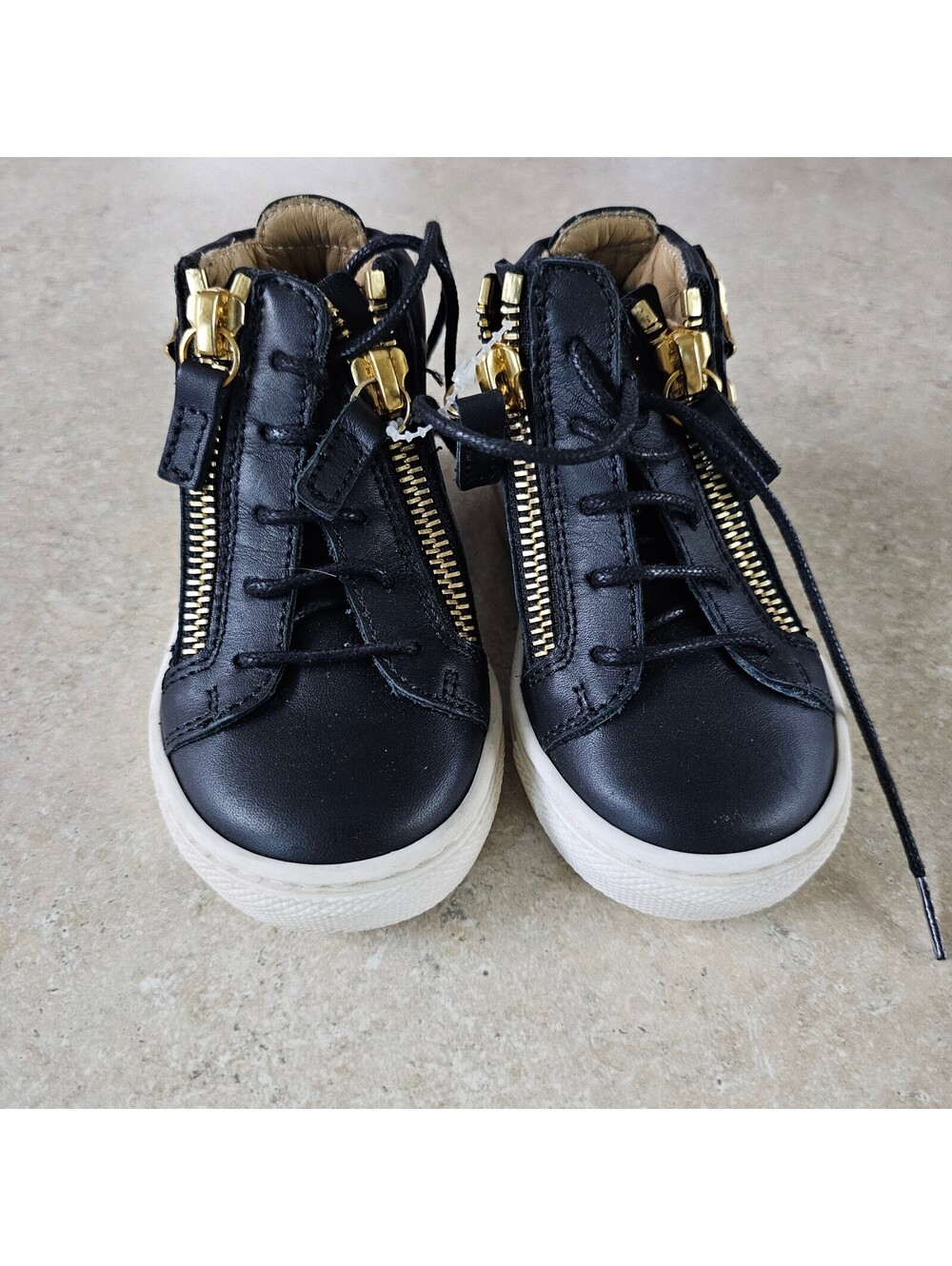 Giuseppe Zanotti Kids Black Leather High-Top Sneakers with Gold Zippers and Wing